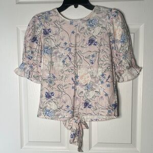 Express Floral Linen Blend Short Puff Sleeve Open Back Blouse Top